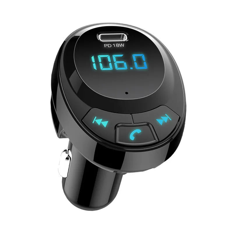 Black Bluetooth car MP3 charger with digital screen and dual USB ports
