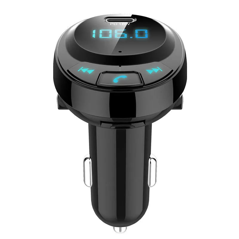 Black Bluetooth car MP3 charger with digital screen and dual USB ports