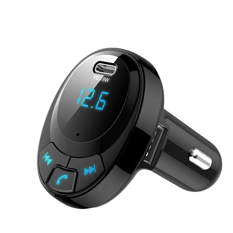 Black Bluetooth car MP3 charger with digital screen and dual USB ports