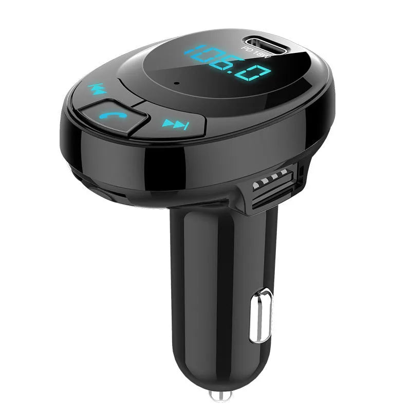 Black Bluetooth car MP3 charger with digital screen and dual USB ports