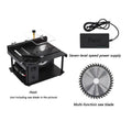 Black miniature precision sliding table saw with 110mm blade on a compact worktable
