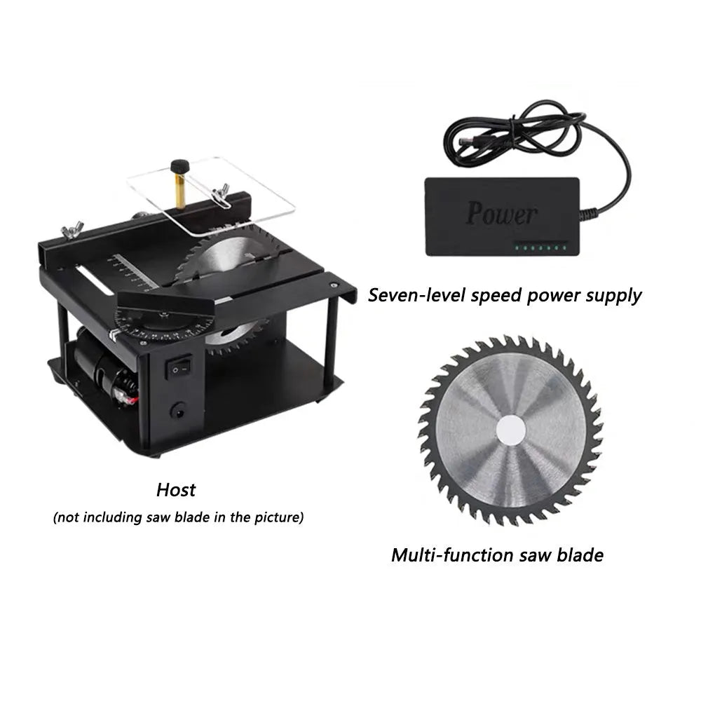 Black miniature precision sliding table saw with 110mm blade on a compact worktable