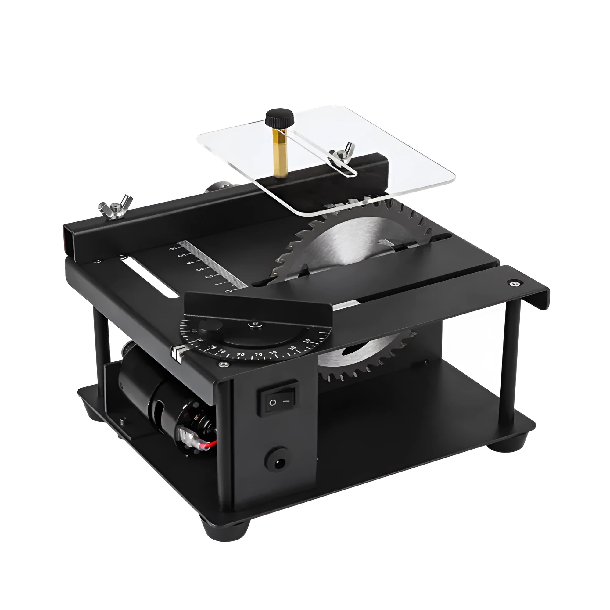 Black miniature precision sliding table saw with 110mm blade on a compact worktable