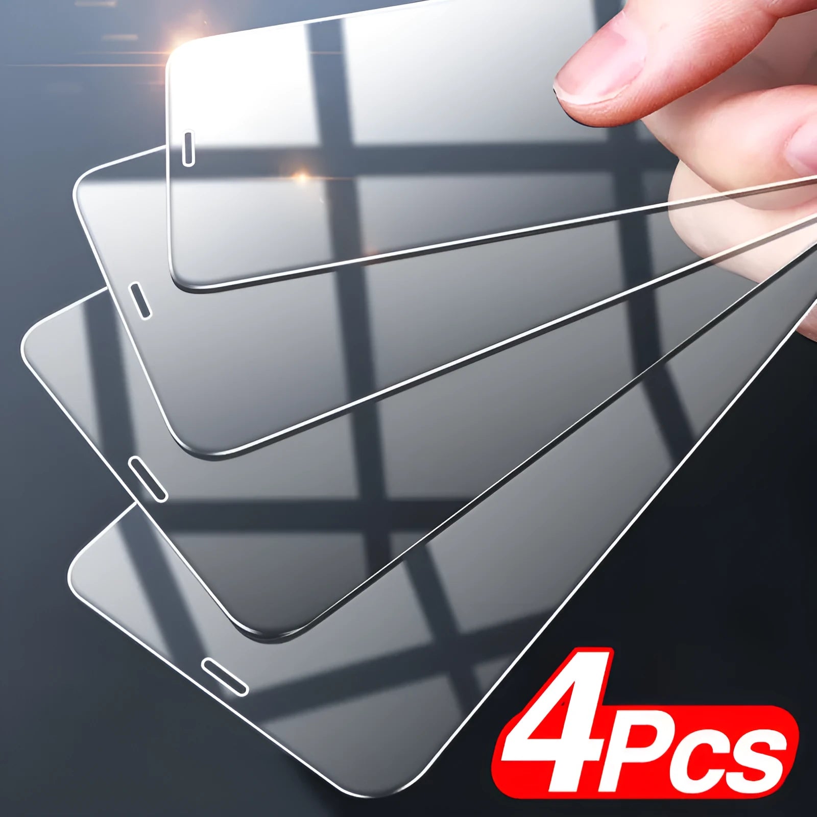 Four-pack of clear tempered glass screen protectors for iPhone with anti-blue light feature