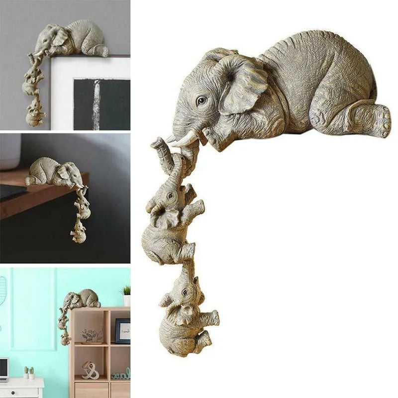 Resin mother elephant figurine with baby elephant, 10cm and 5cm tall, set in protective packaging