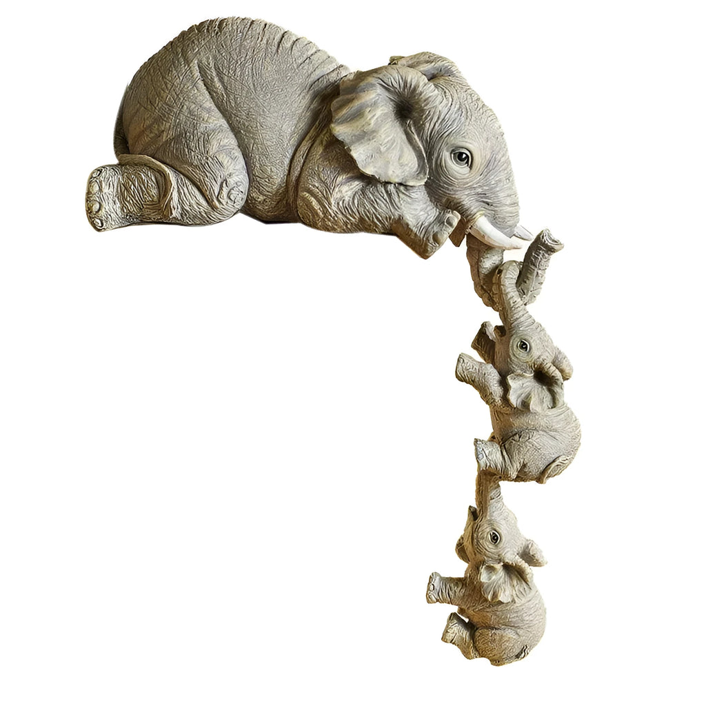 Resin mother elephant figurine with baby elephant, 10cm and 5cm tall, set in protective packaging