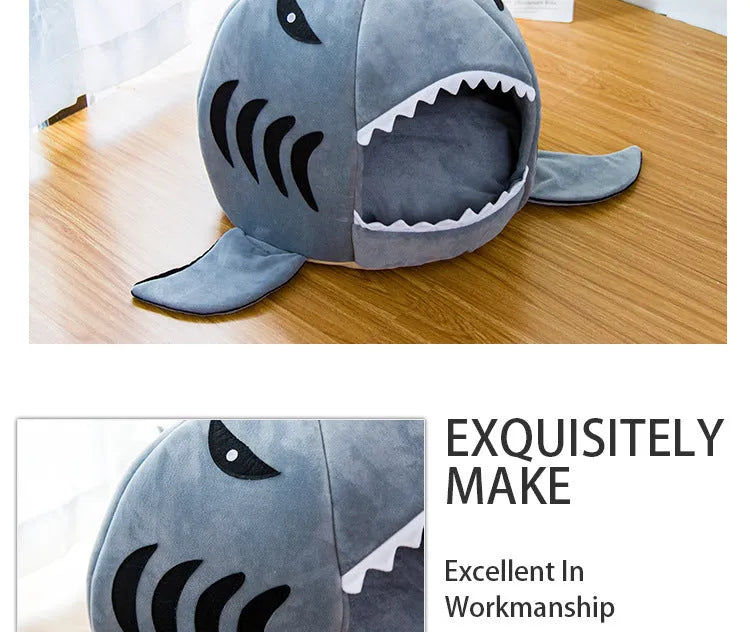 Shark-shaped grey pet bed for small dogs and cats with crystal velvet fabric