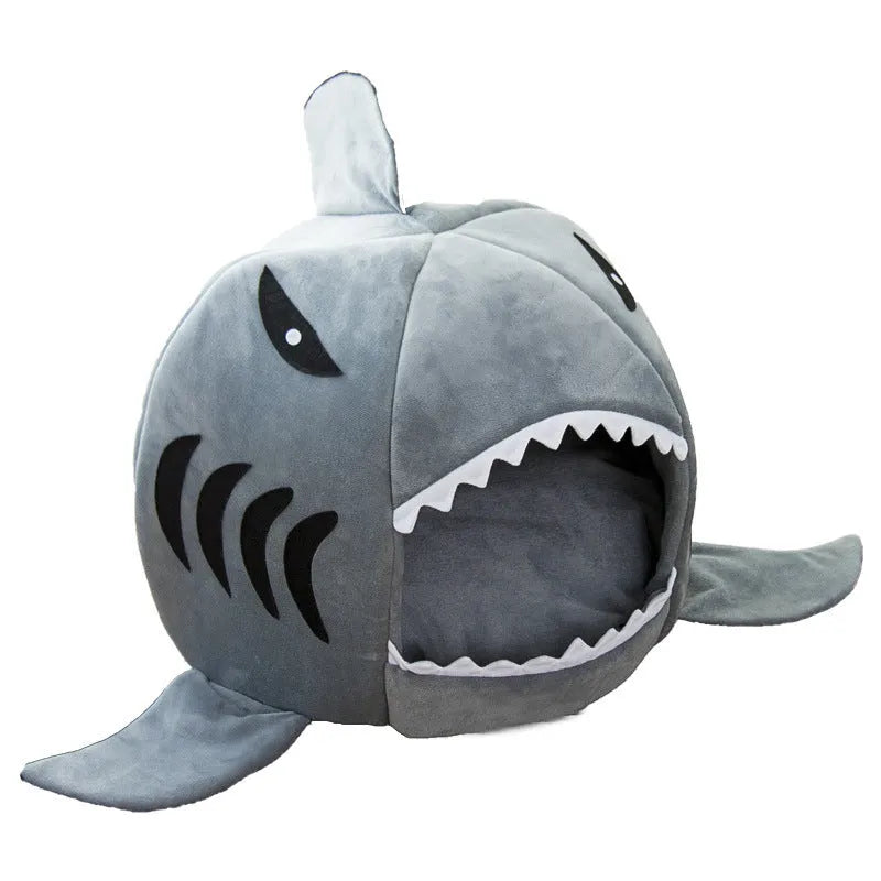Shark-shaped grey pet bed for small dogs and cats with crystal velvet fabric
