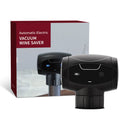 Black electric rechargeable vacuum wine stopper with metal construction and storage bag.