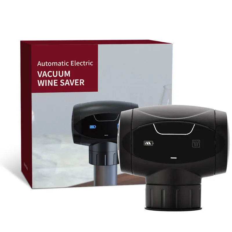 Black electric rechargeable vacuum wine stopper with metal construction and storage bag.