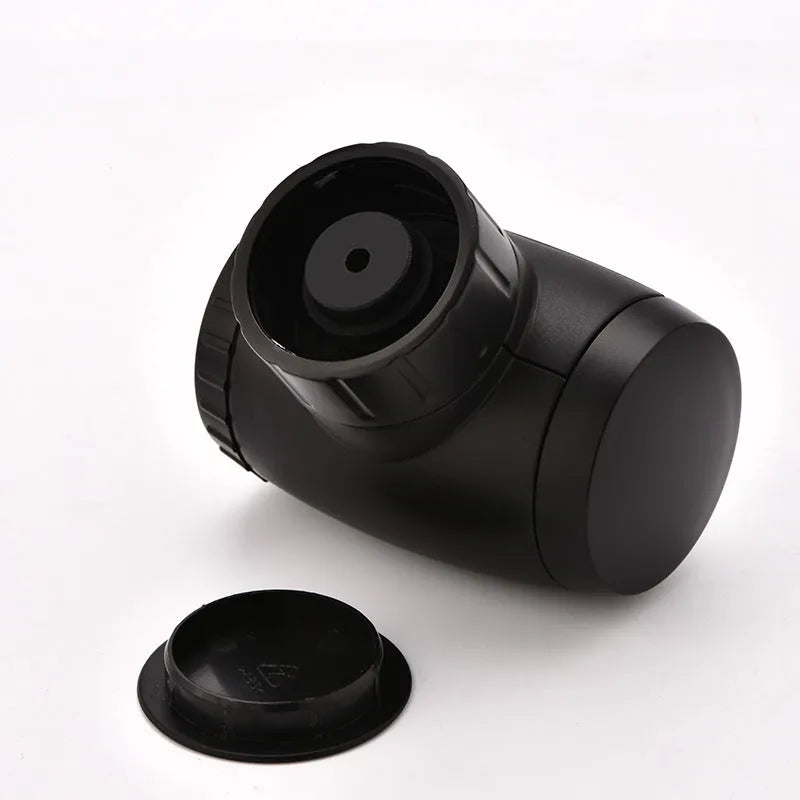 Black electric rechargeable vacuum wine stopper with metal construction and storage bag.