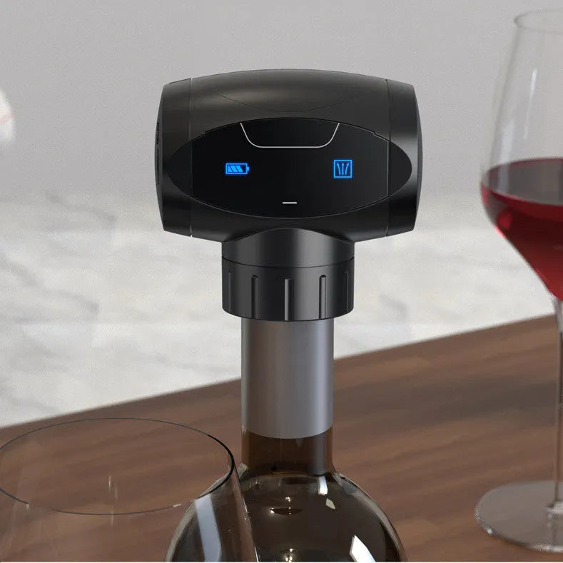 Black electric rechargeable vacuum wine stopper with metal construction and storage bag.