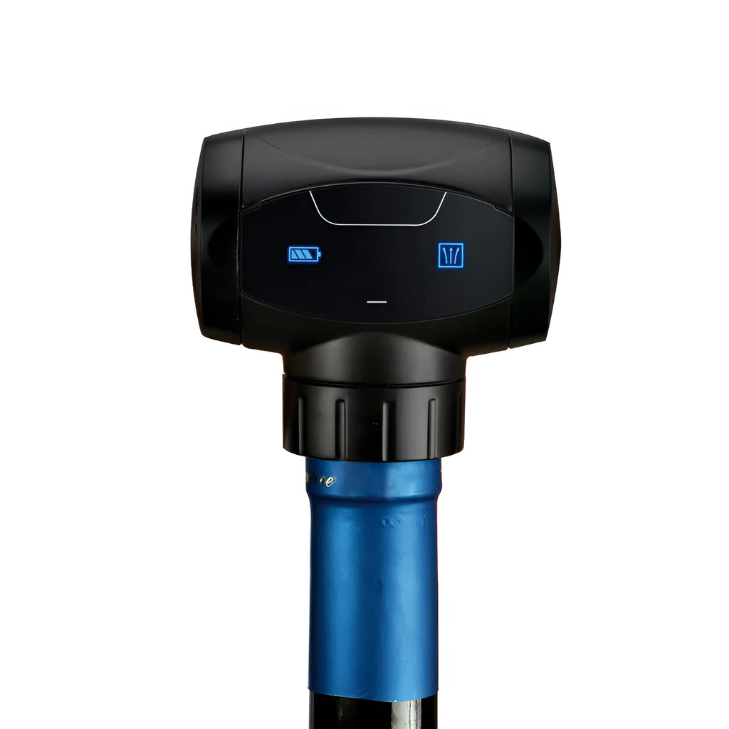 Black electric rechargeable vacuum wine stopper with metal construction and storage bag.
