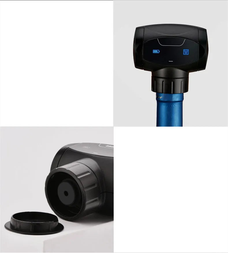 Black electric rechargeable vacuum wine stopper with metal construction and storage bag.