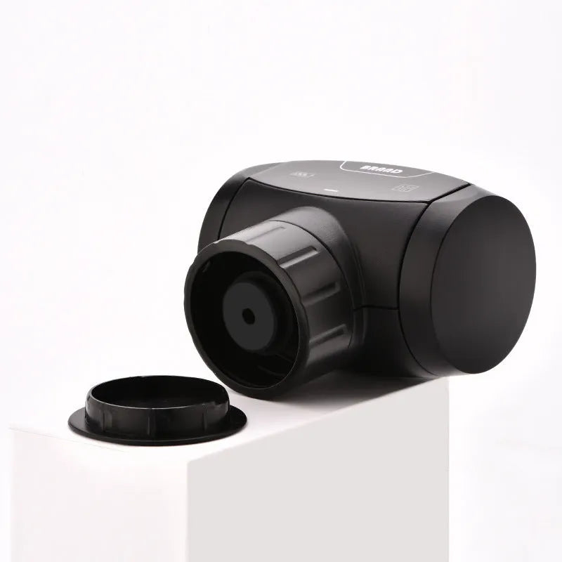 Black electric rechargeable vacuum wine stopper with metal construction and storage bag.