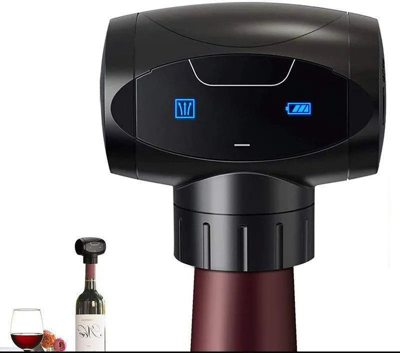 Black electric rechargeable vacuum wine stopper with metal construction and storage bag.