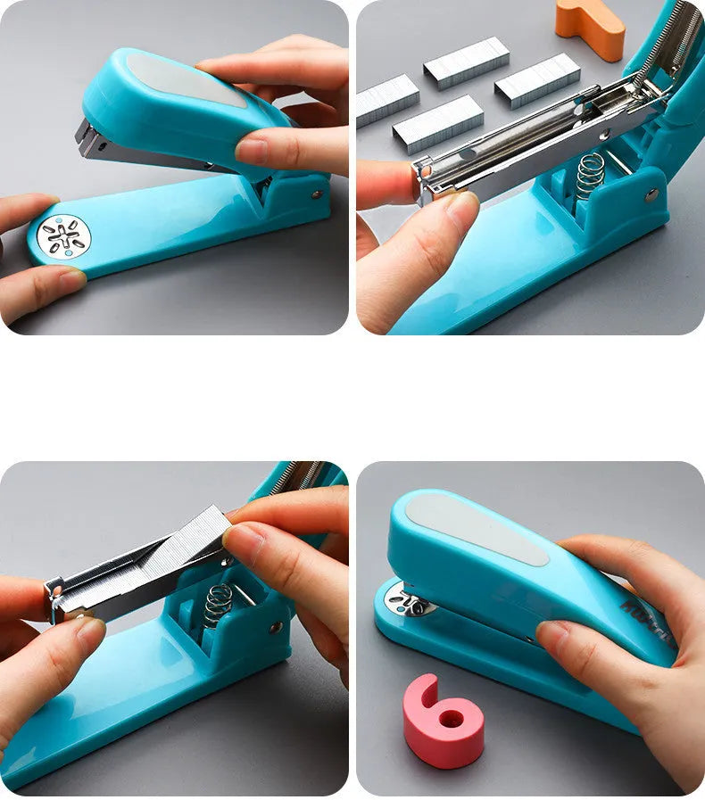 Rotatable student stapler in multiple colours showing 360-degree rotation and metal outlet.