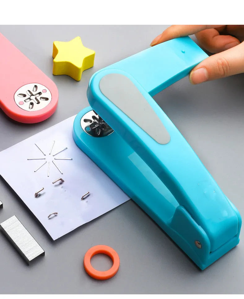 Black rotatable desktop stapler shown with head rotated, demonstrating 90mm deep throat for centre binding.