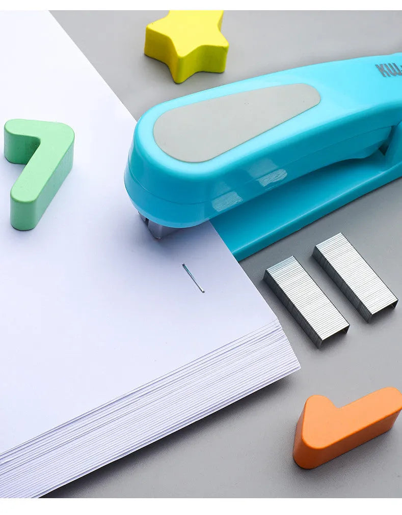 360-degree rotatable desk stapler in multiple colours showing its rotating head and metal staple outlet.