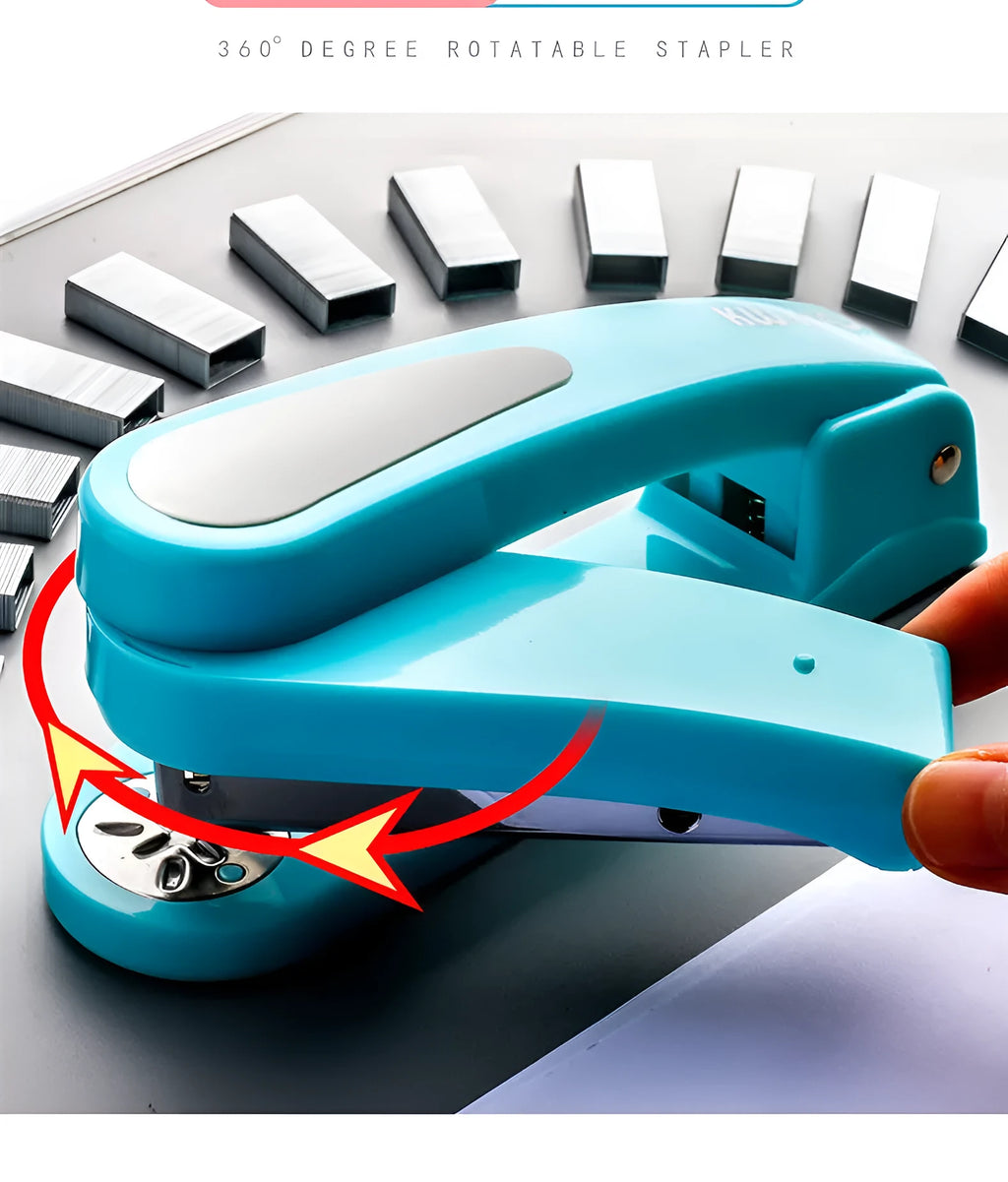 360-degree rotatable desk stapler in black showing metal nail outlet