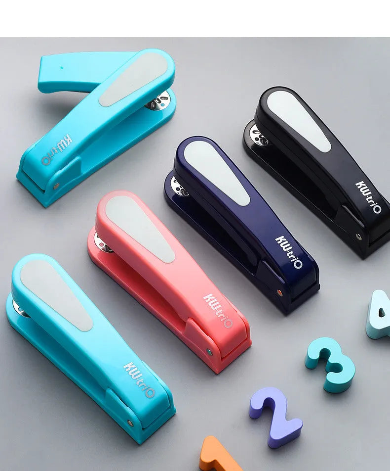 Rotatable student stapler shown in blue, demonstrating 360-degree rotation and centre seam paper binding.