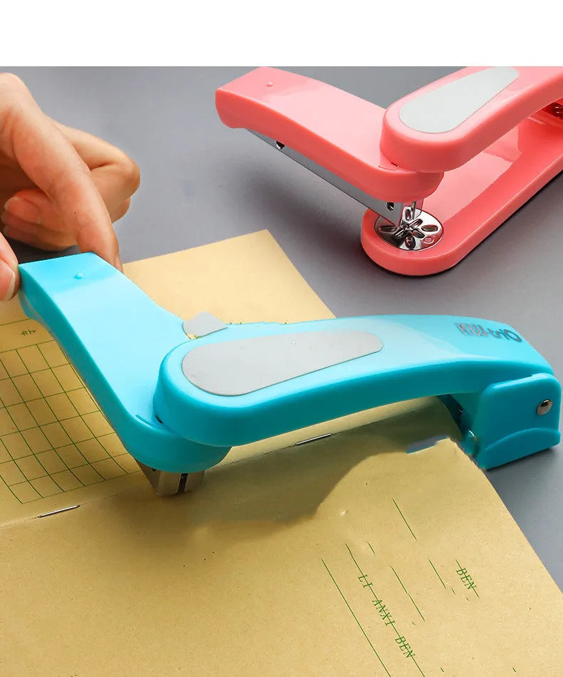Rotatable student stapler in multiple colours showing 360-degree rotation and metal outlet.