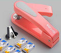 360-degree rotatable desk stapler in black showing metal nail outlet