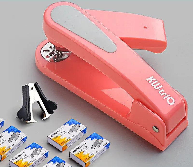 360-degree rotatable desk stapler in black showing metal nail outlet