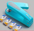 360-degree rotatable desk stapler in multiple colours showing its rotating head and metal staple outlet.