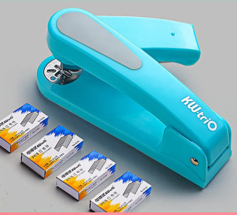 360-degree rotatable desk stapler in multiple colours showing its rotating head and metal staple outlet.