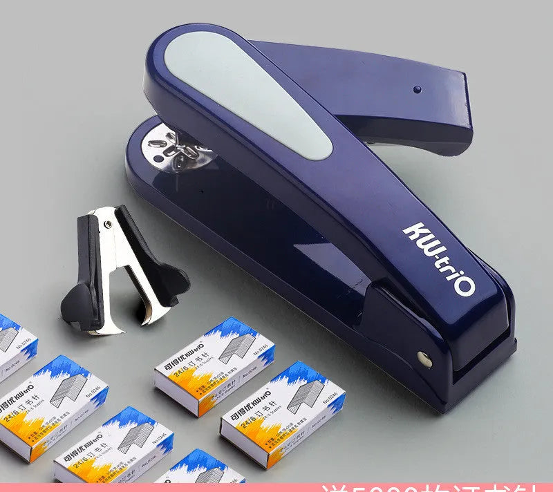 Rotatable student stapler shown in blue, demonstrating 360-degree rotation and centre seam paper binding.