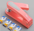 Black rotatable desktop stapler shown with head rotated, demonstrating 90mm deep throat for centre binding.