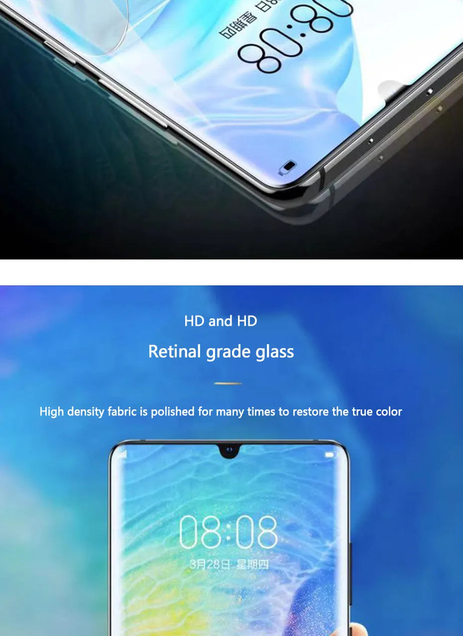 Three clear hydrogel screen protector films for Huawei and Honor phones on a white background.