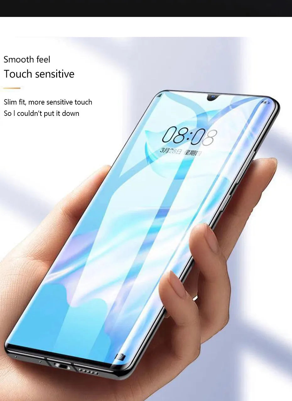 Three clear hydrogel screen protector films for Huawei and Honor phones on a white background.