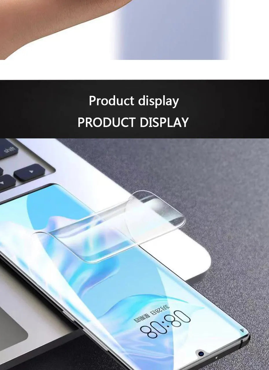 Three clear hydrogel screen protector films for Huawei and Honor phones on a white background.
