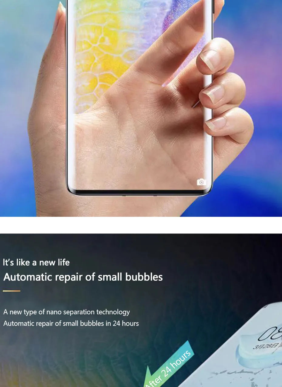 Three clear hydrogel screen protector films for Huawei and Honor phones on a white background.