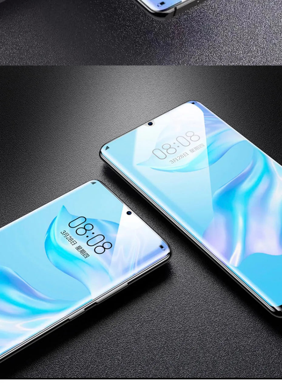 Three clear hydrogel screen protector films for Huawei and Honor phones on a white background.