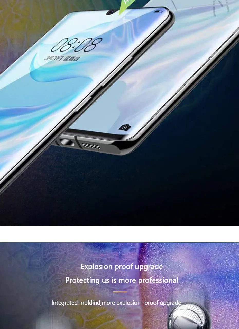 Three clear hydrogel screen protector films for Huawei and Honor phones on a white background.
