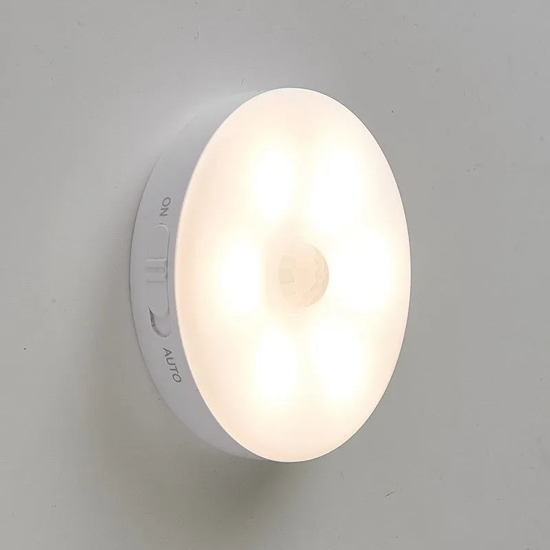 Two white wireless motion sensor LED lights for cabinets and hallways.