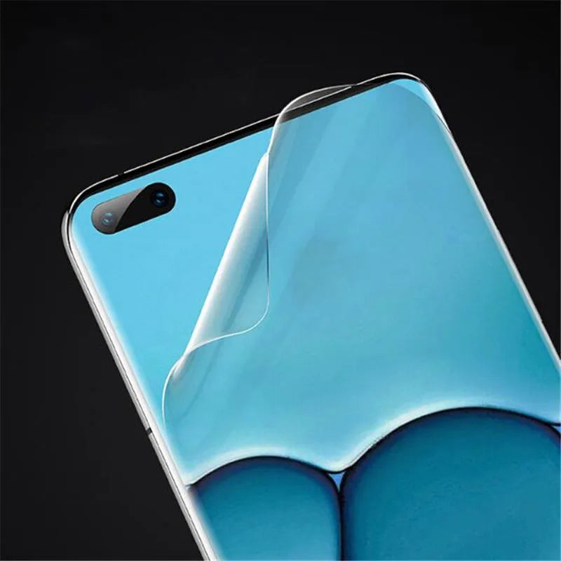 Three clear hydrogel screen protector films for Huawei and Honor phones on a white background.