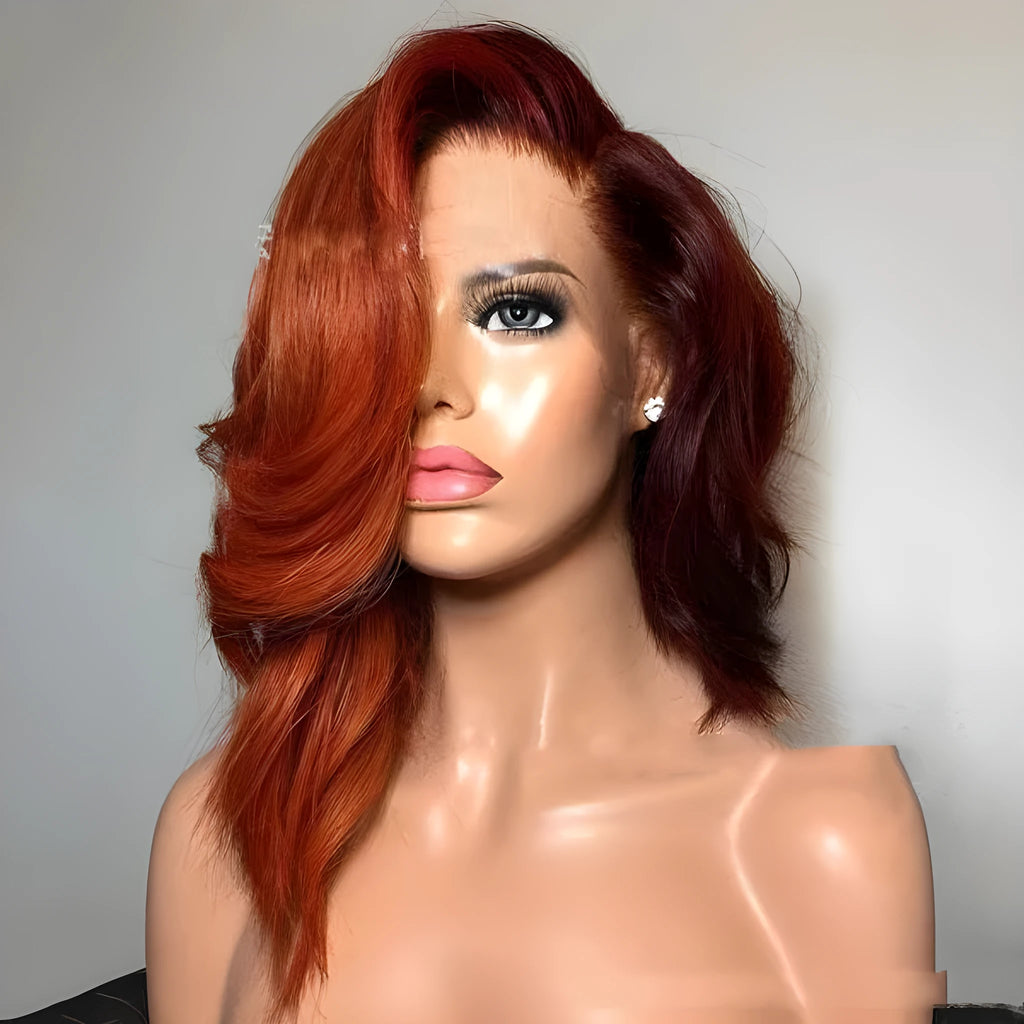 Short wavy brown synthetic wig with long side part bangs, 50cm, heat resistant fibre