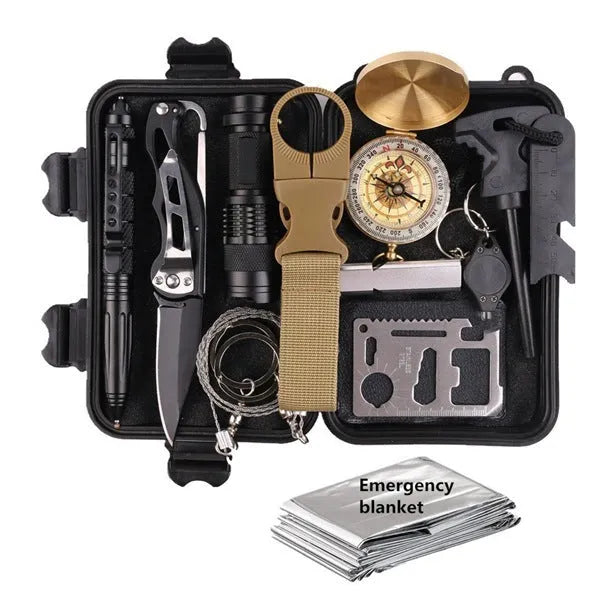 Black stainless steel survival box with 13 emergency tools including compass, flashlight, and wire saw
