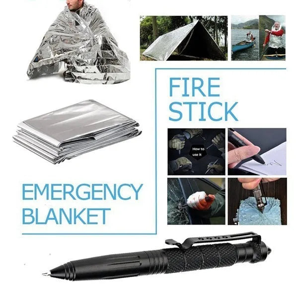 Black stainless steel survival box with 13 emergency tools including compass, flashlight, and wire saw