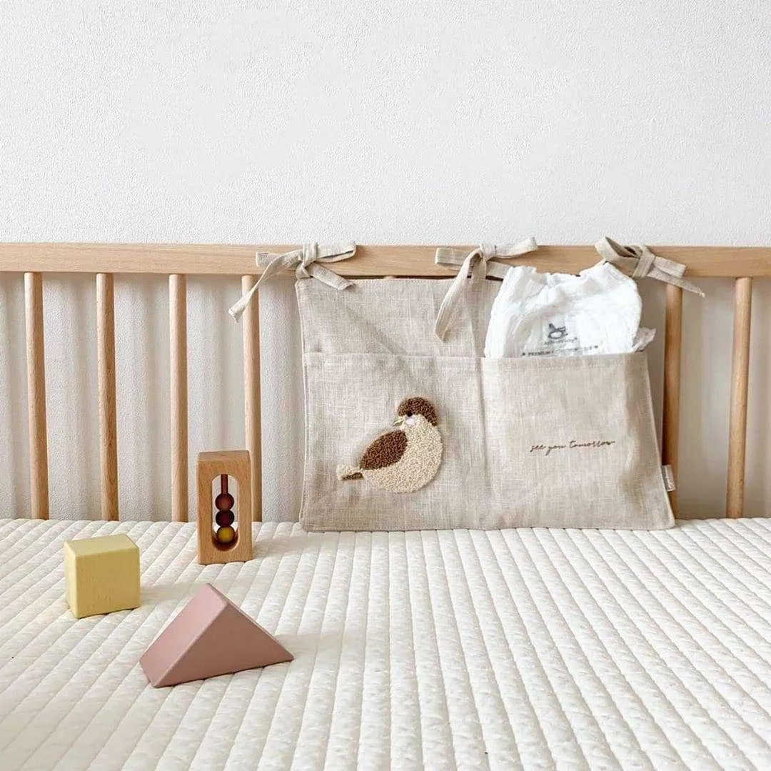Khaki cotton linen bedside storage bag with plastic hanging hook for wall mounting