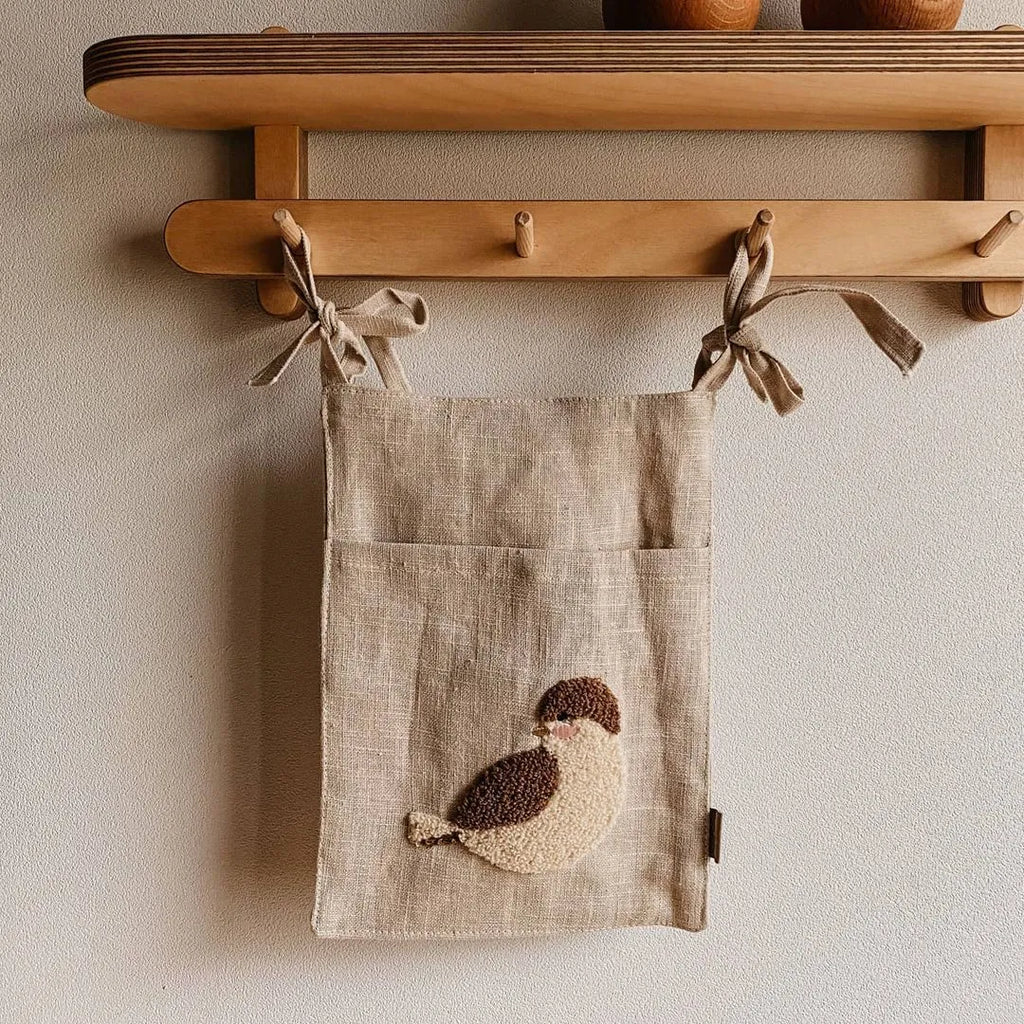 Khaki cotton linen bedside storage bag with plastic hanging hook for wall mounting