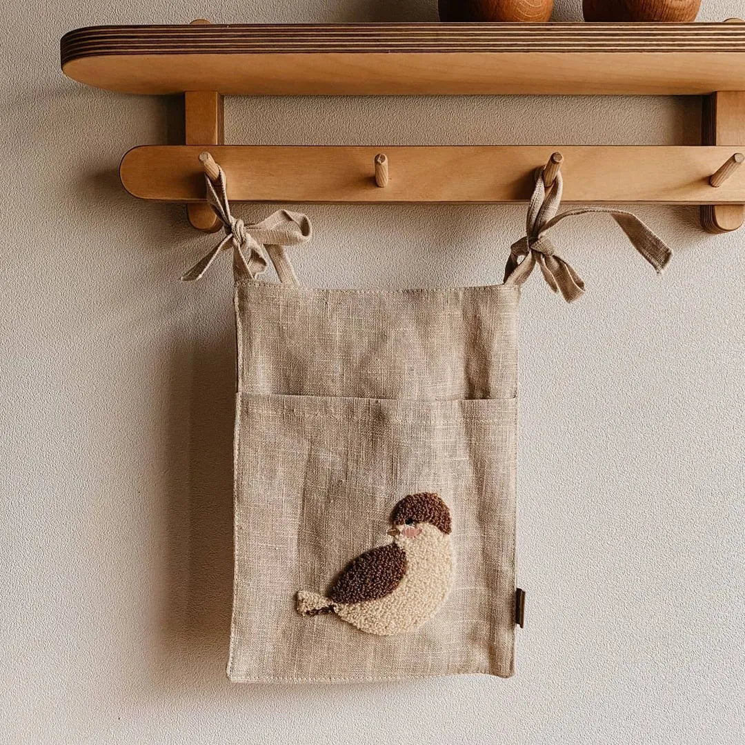 Khaki cotton linen bedside storage bag with plastic hanging hook for wall mounting