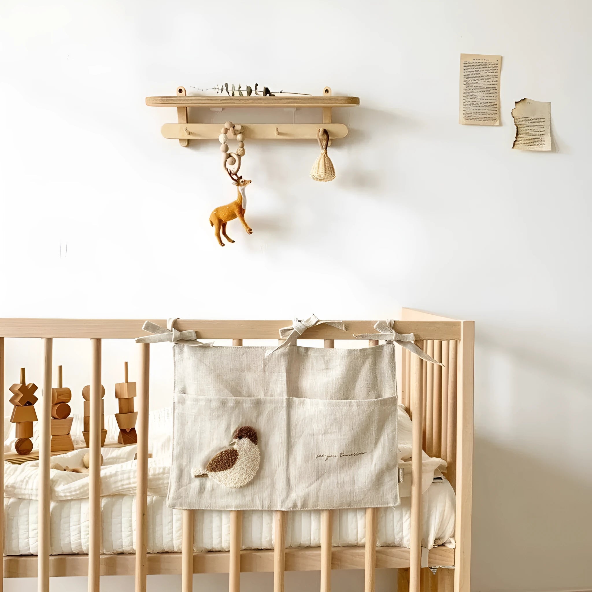 Khaki cotton linen bedside storage bag with plastic hanging hook for wall mounting