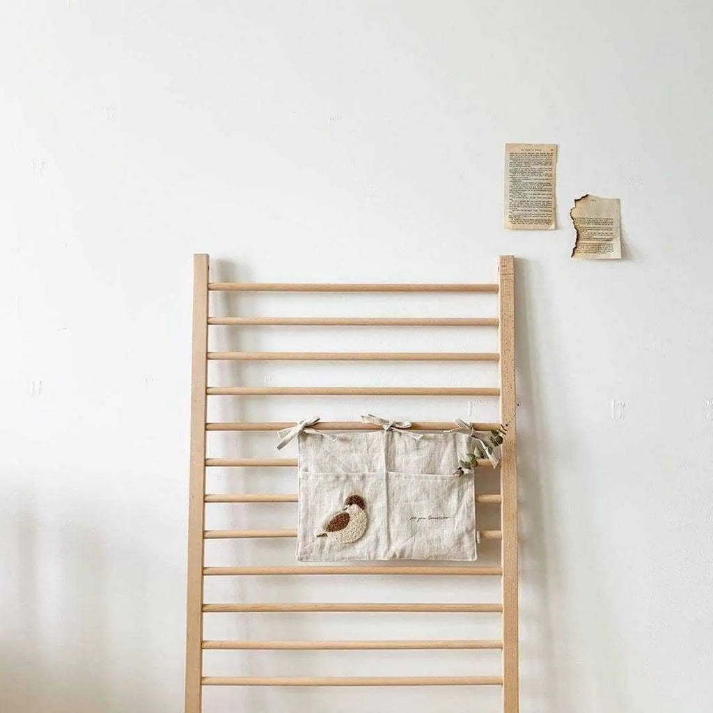 Khaki cotton linen bedside storage bag with plastic hanging hook for wall mounting