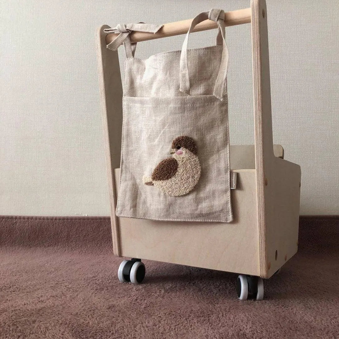 Khaki cotton linen bedside storage bag with plastic hanging hook for wall mounting