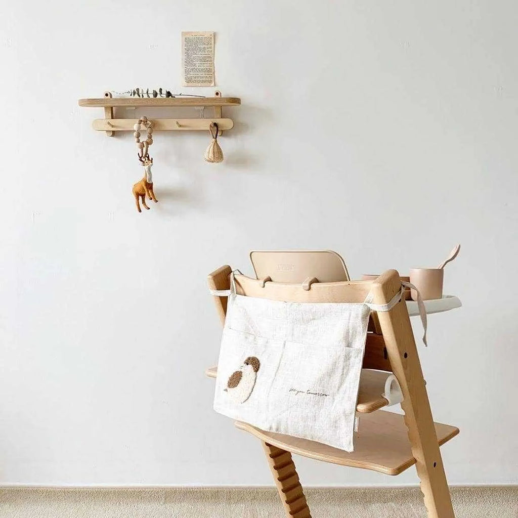 Khaki cotton linen bedside storage bag with plastic hanging hook for wall mounting